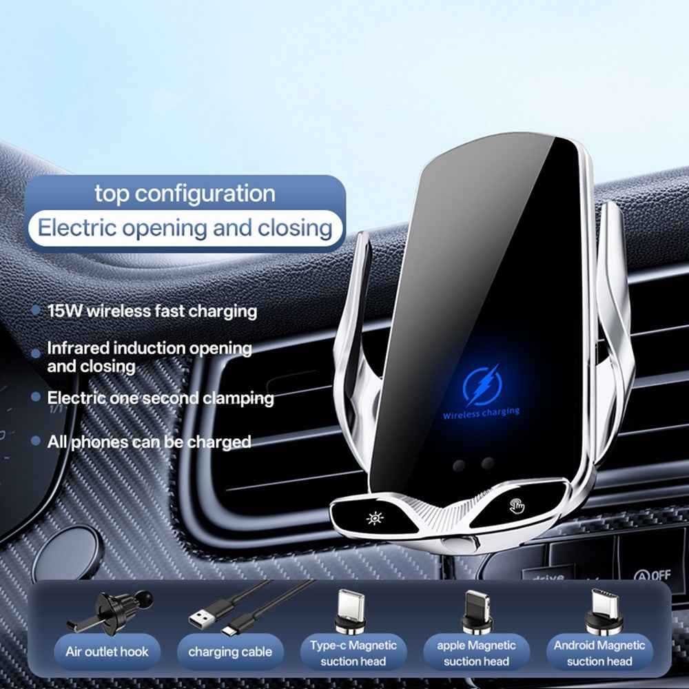 SD30 15W Car Wireless Charging Phone Holder 360° Rotation Smart Infrared Auto-Clamping Navigation Mount - Silver