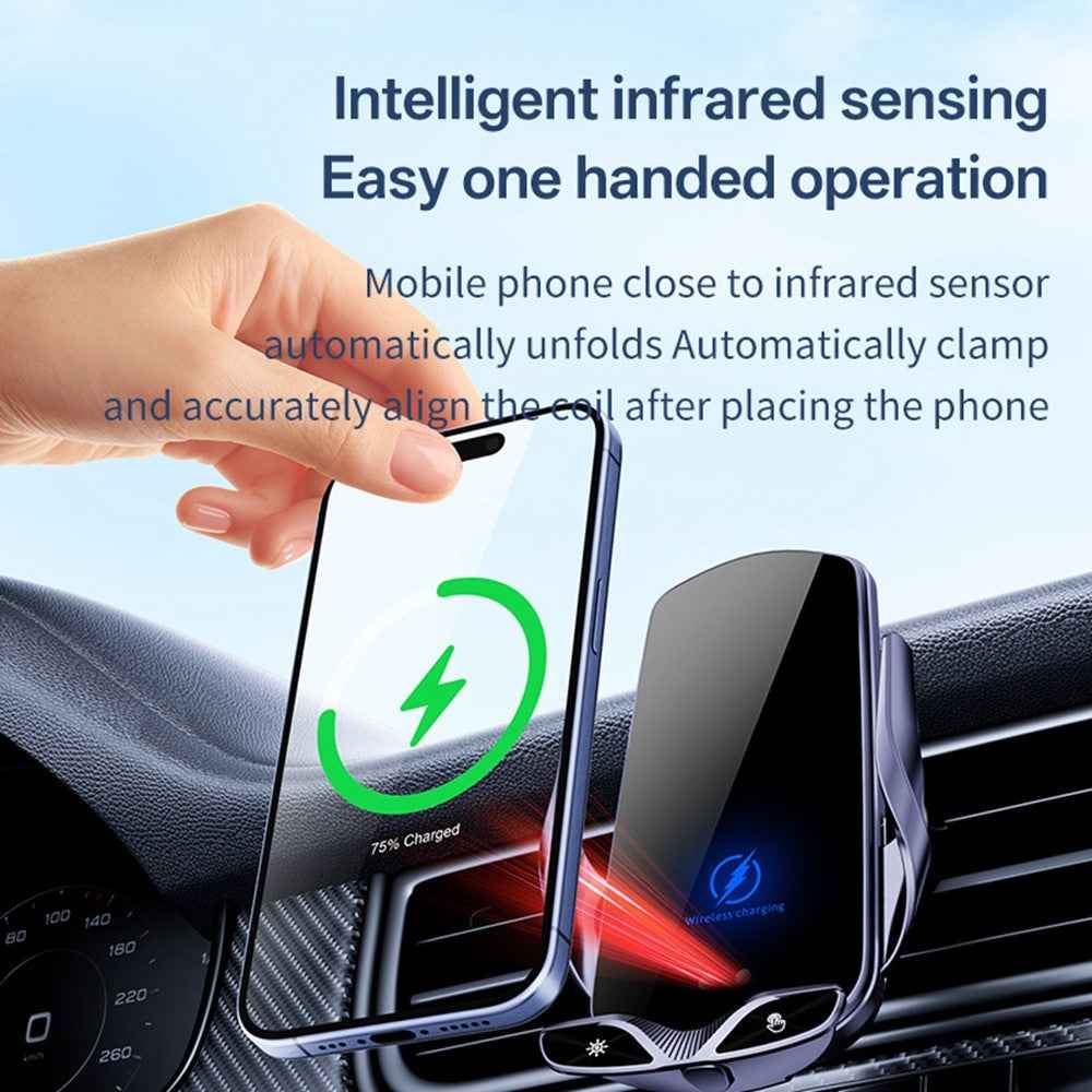 SD30 15W Car Wireless Charging Phone Holder 360° Rotation Smart Infrared Auto-Clamping Navigation Mount - Silver