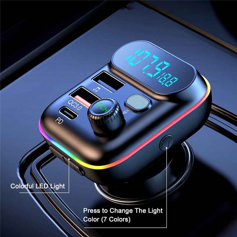 T70 Bluetooth-compatible 5.0 FM Transmitter USB PD 18W QC3.0 Fast Charging Adapter Music Player with Hands-free Calling for Car