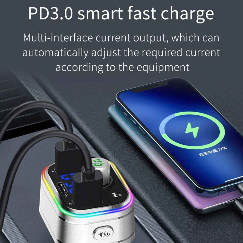 BC62 Car Bluetooth-compatible Charger Adapter FM Transmitter Hands-Free Call PD Fast Charging Car Charger with Atmosphere Light Voice Assistant