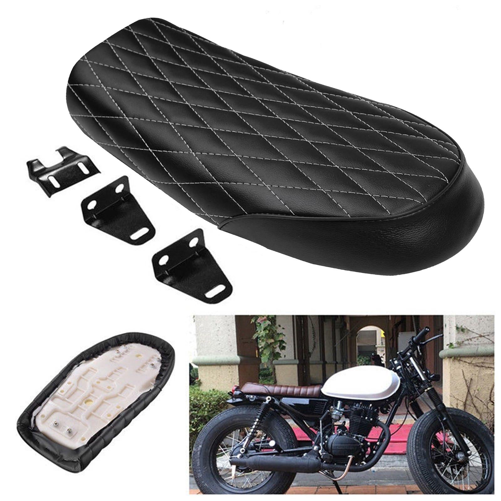 Soft Leatherette Motorcycle Seat Saddle fits Cafe Racer White Line