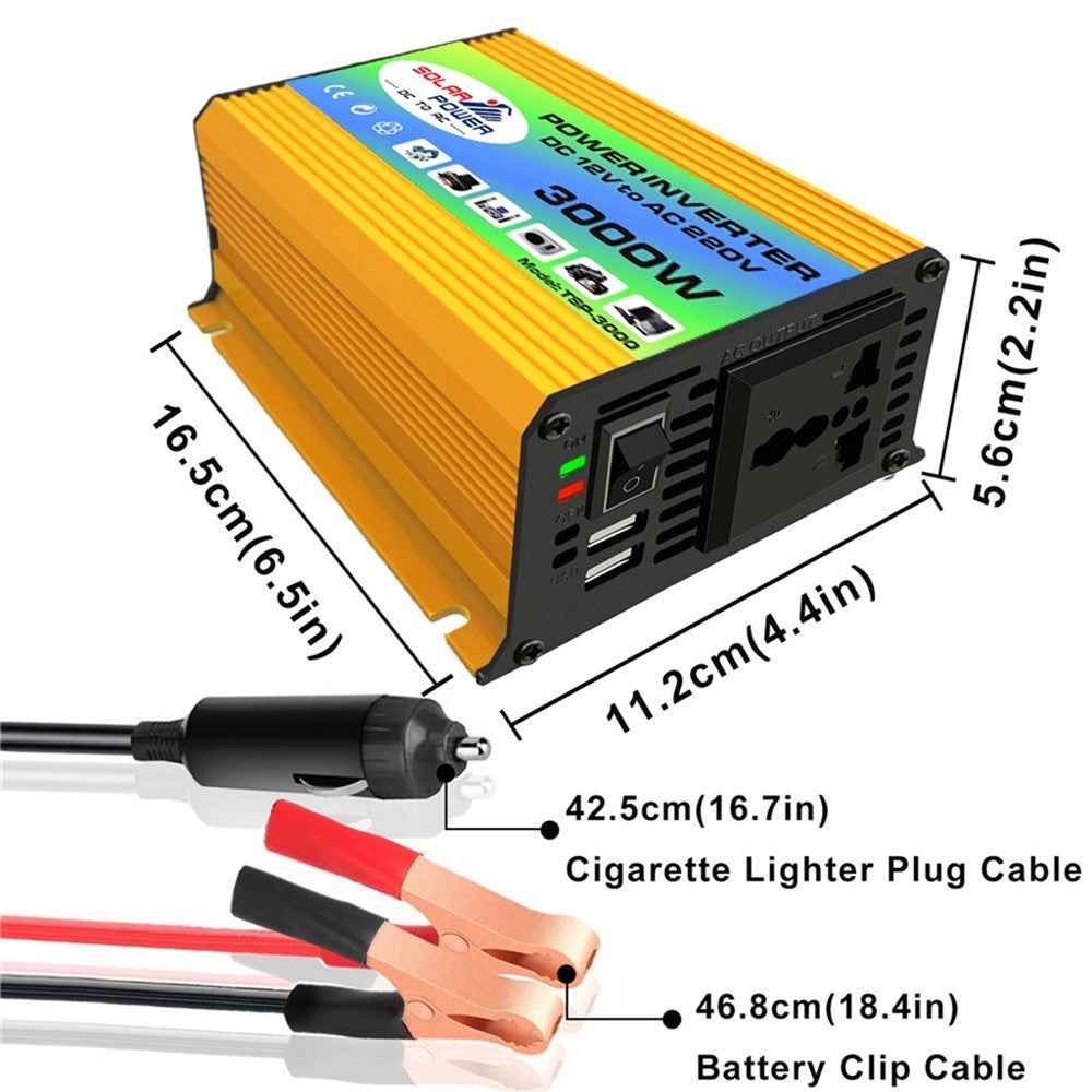 Tang I Generation 12V to 220V 3000W Intelligent Car Power Inverter with Dual USB for Camping, Traveling - Black
