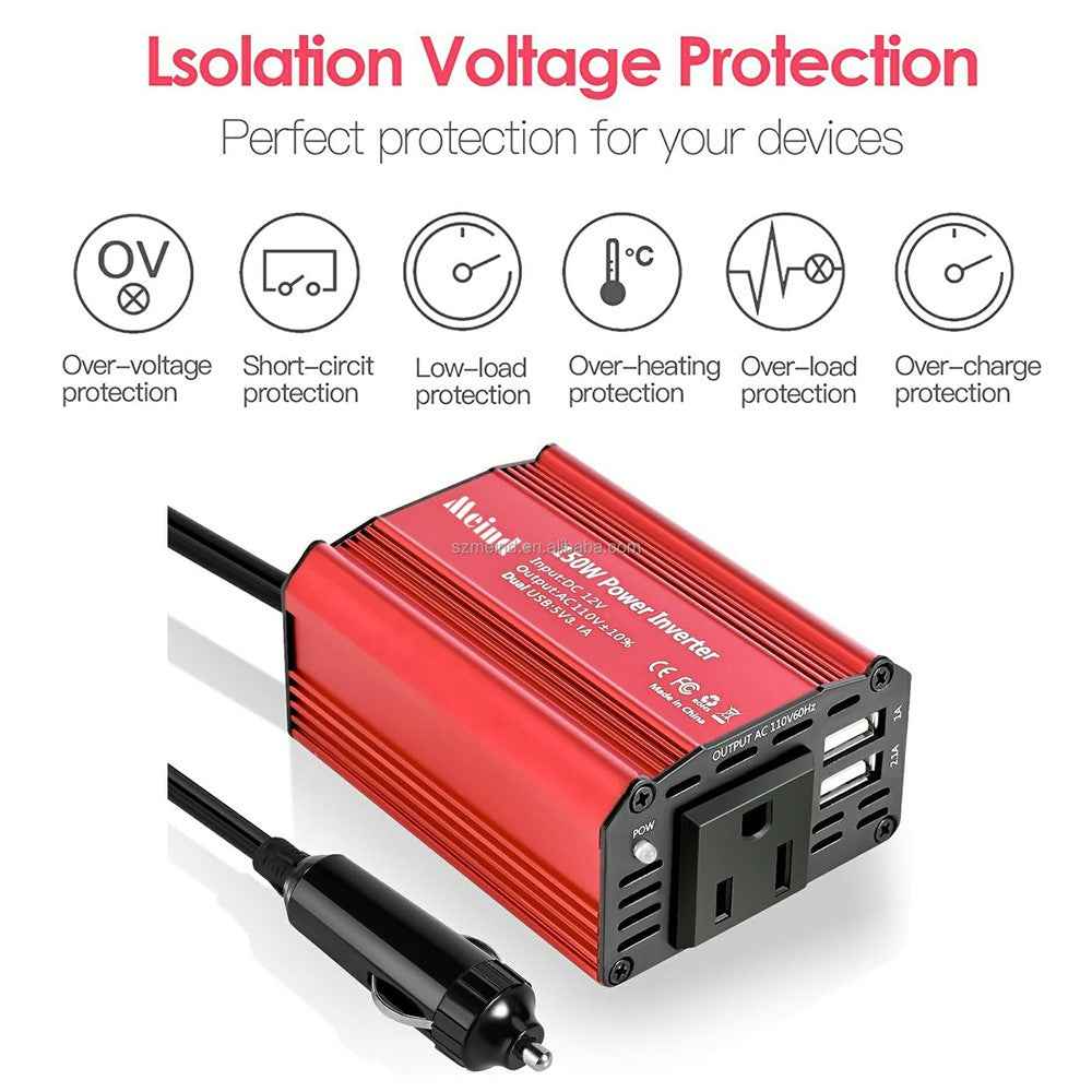 MEIND M6500 150W Car Power Inverter 12V DC to 220V AC Converter with Dual USB Ports - EU Plug+Red