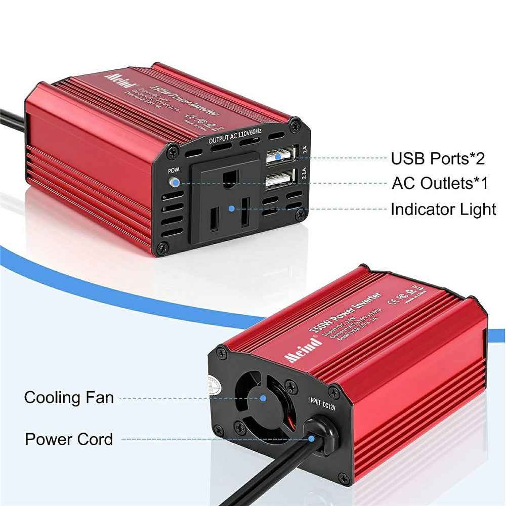 MEIND M6500 150W Car Power Inverter 12V DC to 220V AC Converter with Dual USB Ports - EU Plug+Red