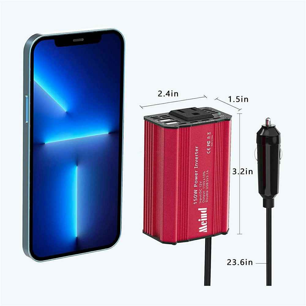 MEIND M6500 150W Car Power Inverter 12V DC to 220V AC Converter with Dual USB Ports - EU Plug+Black