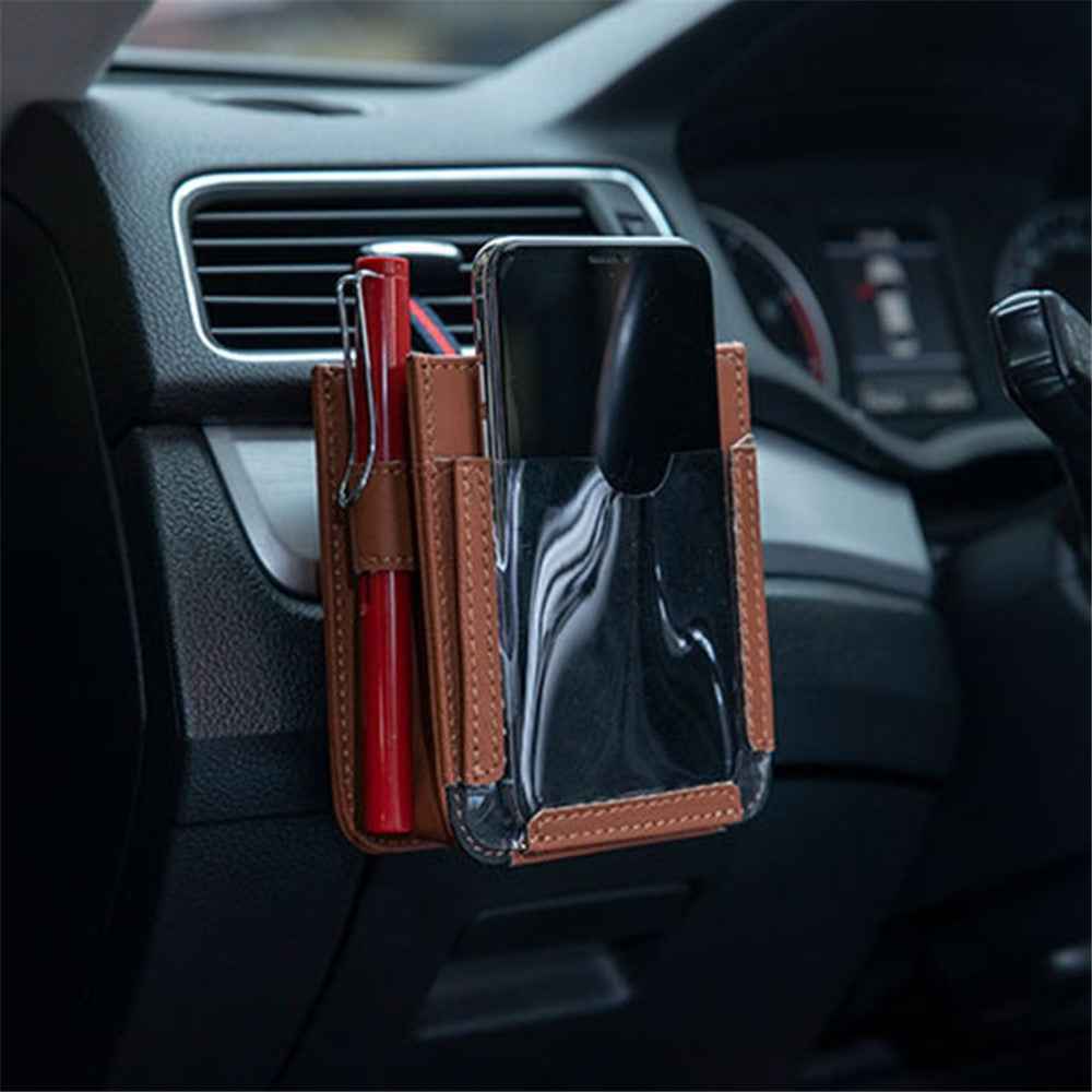 Multifunctional Car Pocket PU Leather Air Outlet Phone Storage Bag Car Interior Accessories - Brown