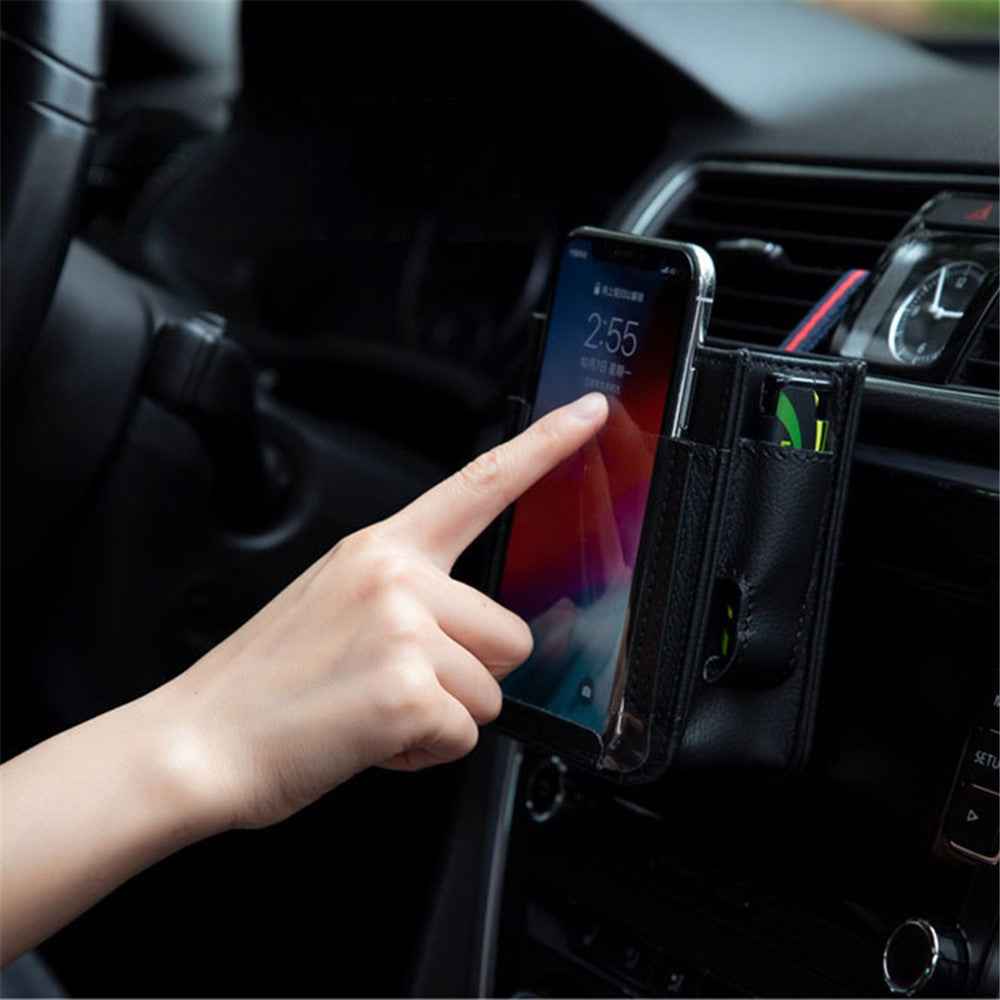 Multifunctional Car Pocket PU Leather Air Outlet Phone Storage Bag Car Interior Accessories - Grey