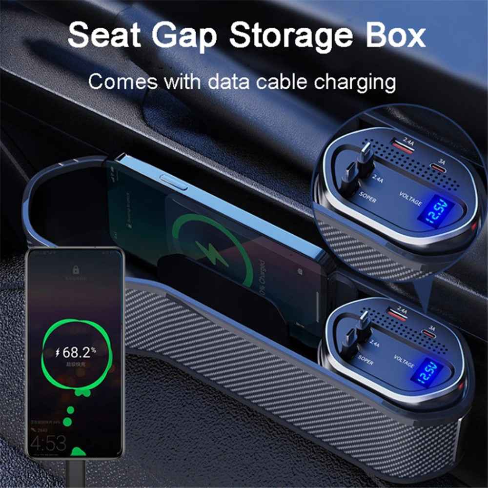 Car Seat Gap Storage Box Organizer Front Seat Console Side Pocket with Data Cable Charging (Cigarette Lighter Plug)