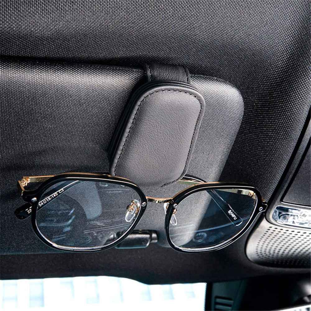 Magnetic Adsorption Car Sun Visor Glasses Holder PU Leather Sunglasses Card Ticket Clip - Grey