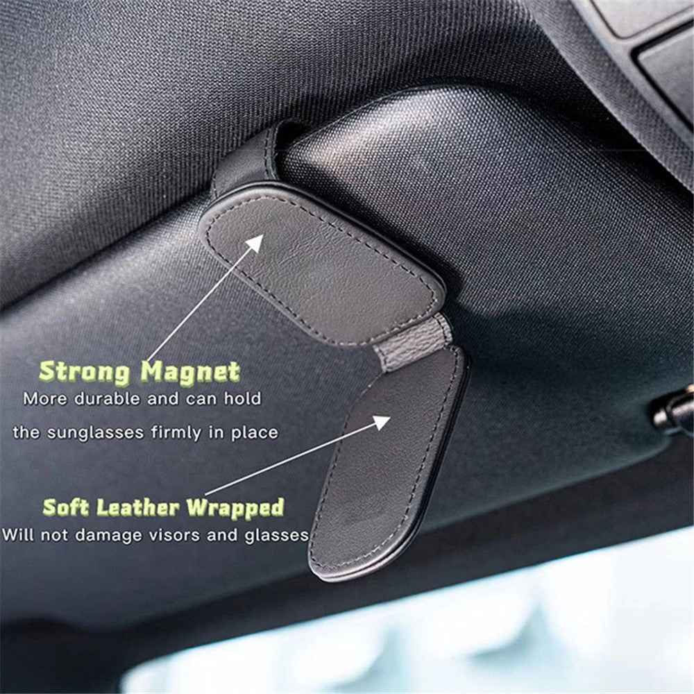 Magnetic Adsorption Car Sun Visor Glasses Holder PU Leather Sunglasses Card Ticket Clip - Grey