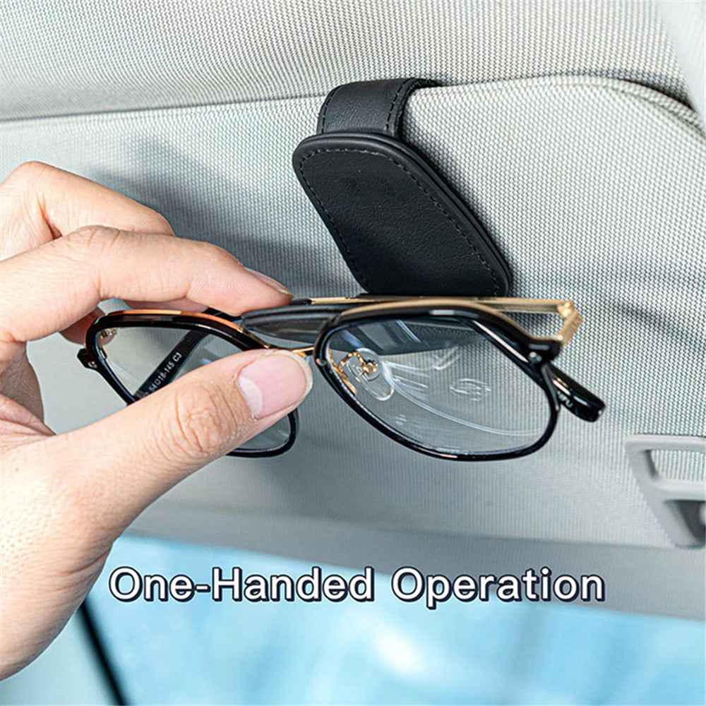 Magnetic Adsorption Car Sun Visor Glasses Holder PU Leather Sunglasses Card Ticket Clip - Grey