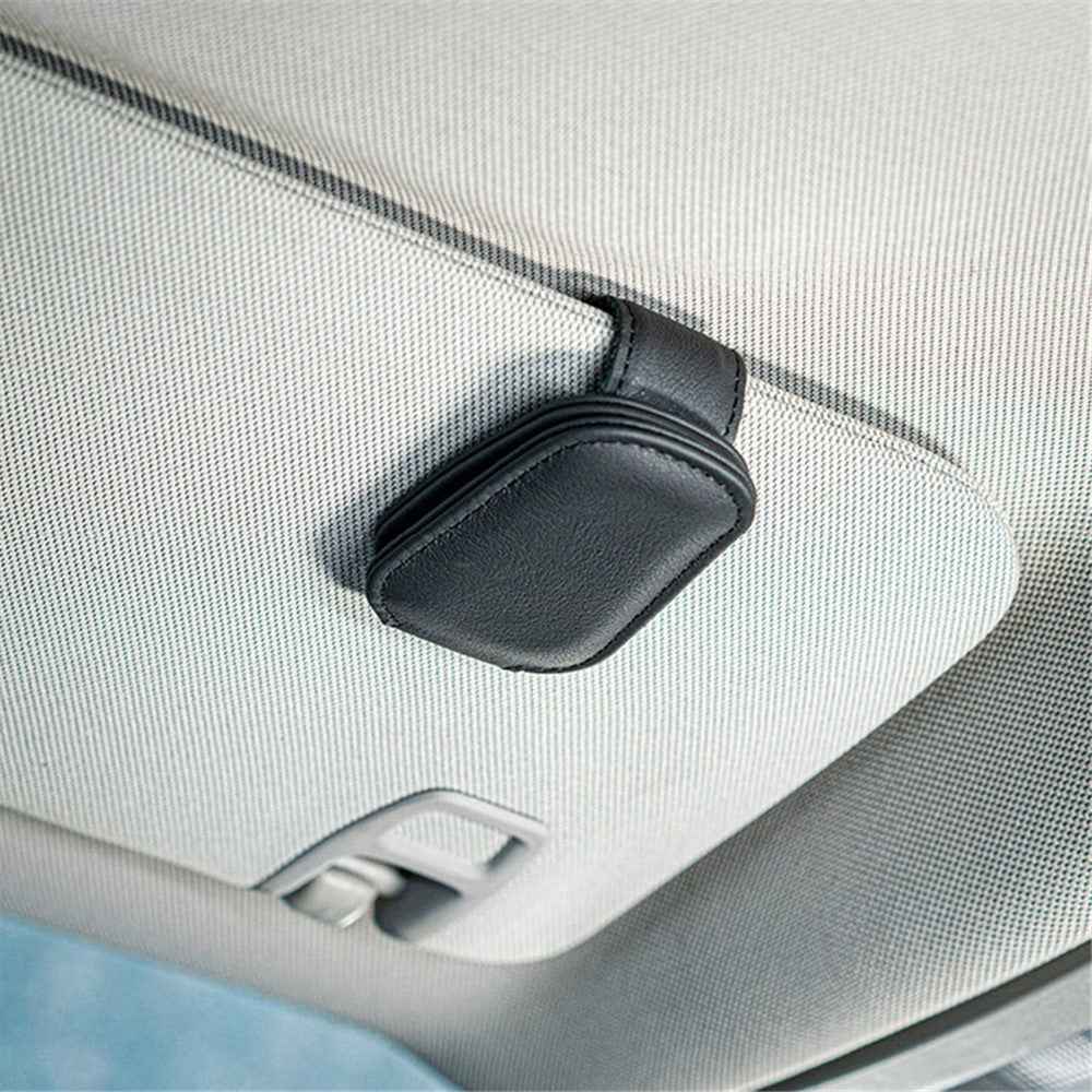 Magnetic Adsorption Car Sun Visor Glasses Holder PU Leather Sunglasses Card Ticket Clip - Grey