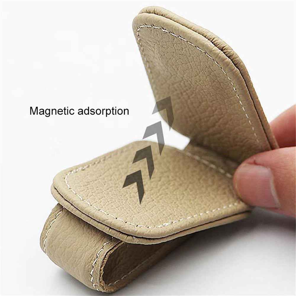 Magnetic Adsorption Car Sun Visor Glasses Holder PU Leather Sunglasses Card Ticket Clip - Grey