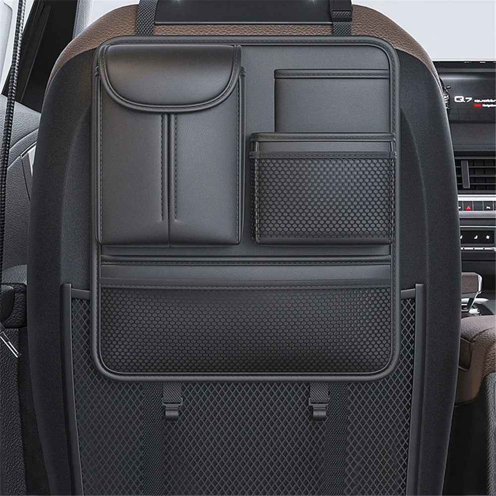 Car Back Seat Organizer Multi Pockets Hanging Leather Waterproof Storage Bag for Holding Phone Tablet Drink Sundries - Black