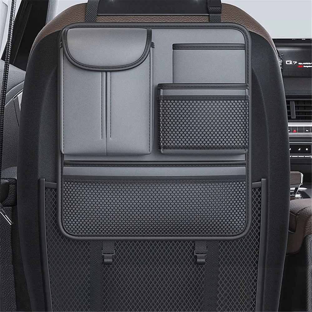 Car Back Seat Organizer Multi Pockets Hanging Leather Waterproof Storage Bag for Holding Phone Tablet Drink Sundries - Grey