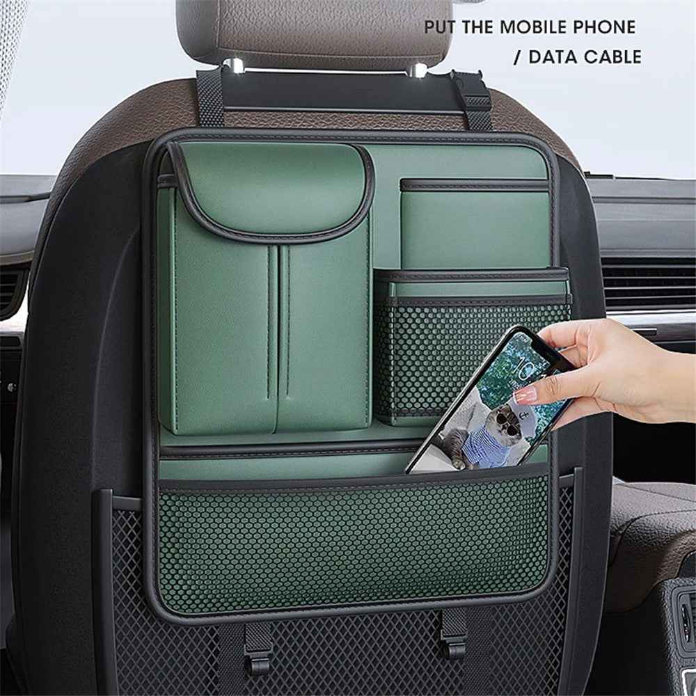 Car Back Seat Organizer Multi Pockets Hanging Leather Waterproof Storage Bag for Holding Phone Tablet Drink Sundries - Green