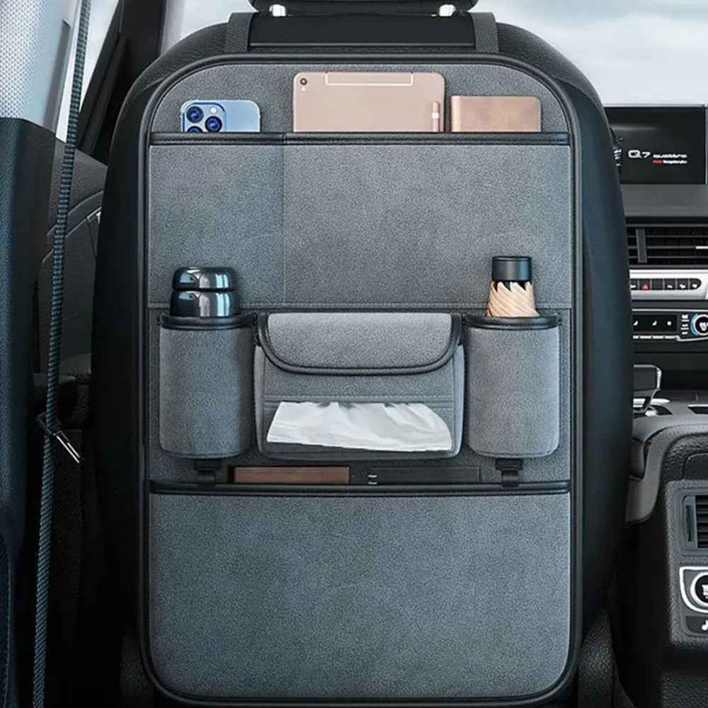 AUTOCOLOR Suede Car Seat Back Organizer Tissue Cup Holder Multi-Pocket Storage Bag with Hook - Brown