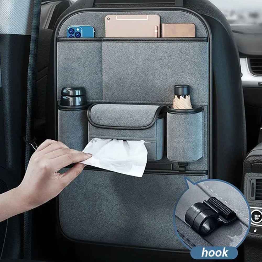 AUTOCOLOR Suede Car Seat Back Organizer Tissue Cup Holder Multi-Pocket Storage Bag with Hook - Brown