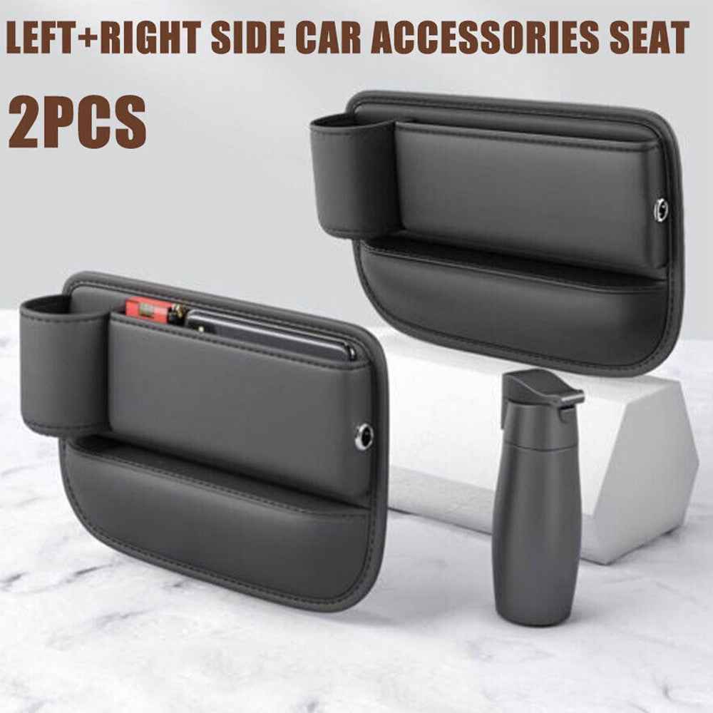 AUTOCOLOR Driver + Passenger Side Car Seat Seam Leather Storage Box Phone Drink Organizer