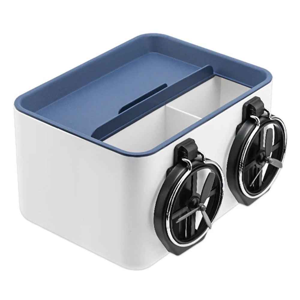 BY-1139 Vehicle Tissue Box Car Armrest Box ABS Sundries Storage Box with 2 Bottle Holder - Blue+White