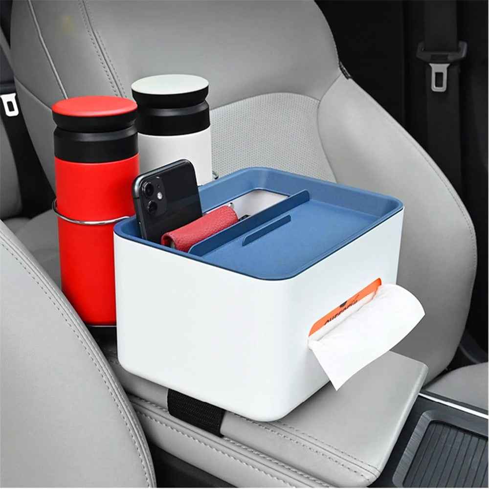 BY-1139 Vehicle Tissue Box Car Armrest Box ABS Sundries Storage Box with 2 Bottle Holder - Grey+White
