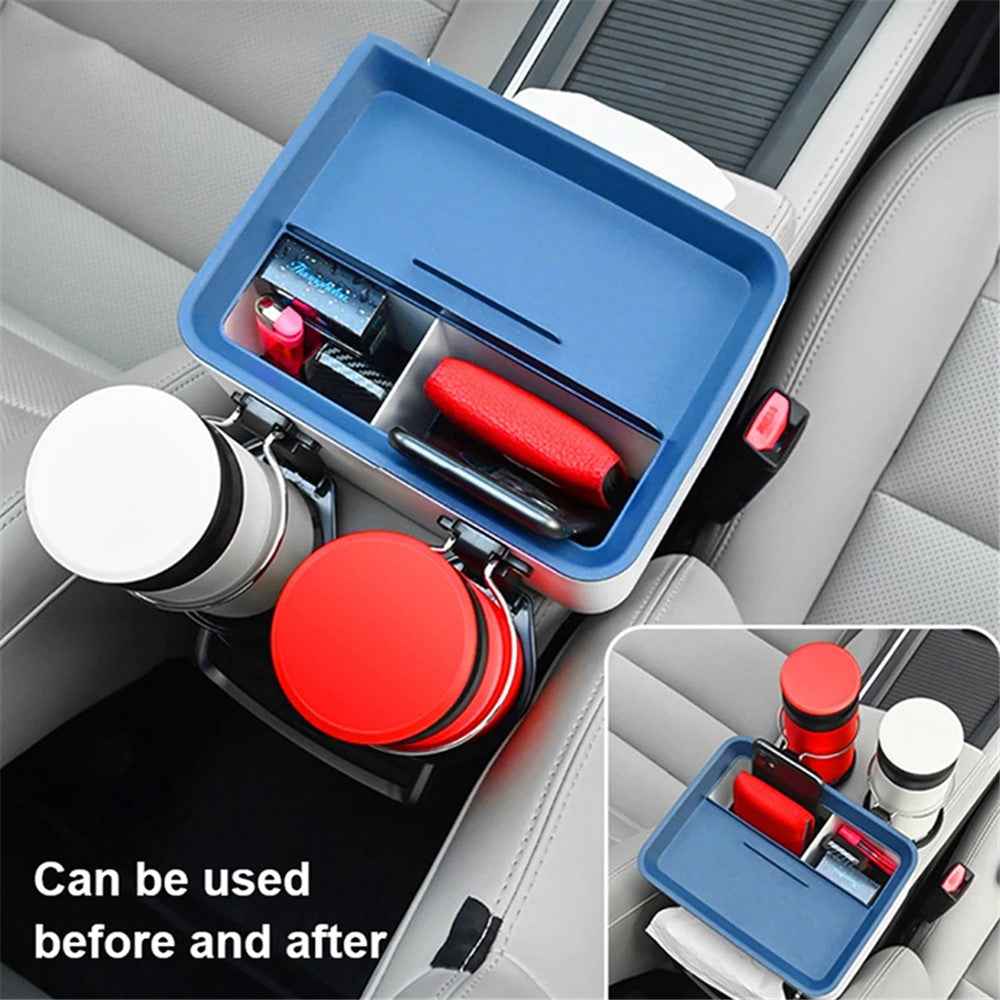 BY-1139 Vehicle Tissue Box Car Armrest Box ABS Sundries Storage Box with 2 Bottle Holder - Grey+White