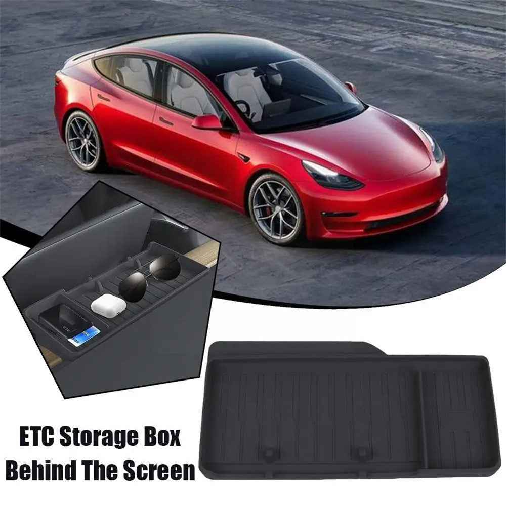 TSL806 For Model Y  /  3 Silicone Car ETC Behind Screen Storage Box Tray - Black