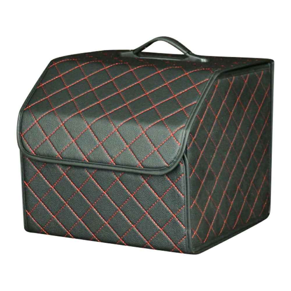 10006 Foldable Car Trunk Organizer Container Leather Storage Box, Small Size - Grid / Black+Red Line