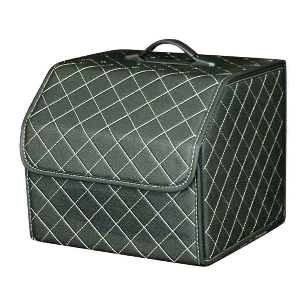 10006 Foldable Car Trunk Organizer Container Leather Storage Box, Small Size - Grid / Black+Beige Line