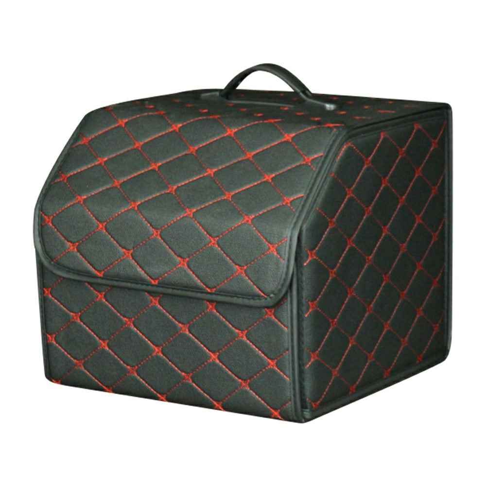 10006 Foldable Car Trunk Organizer Container Leather Storage Box, Small Size - Black+Red Line