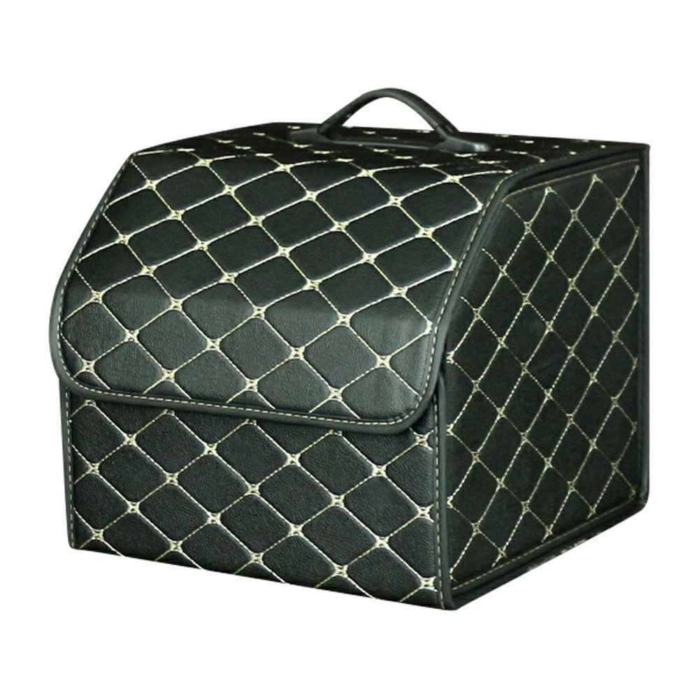 10006 Foldable Car Trunk Organizer Container Leather Storage Box, Small Size - Black+Beige Line