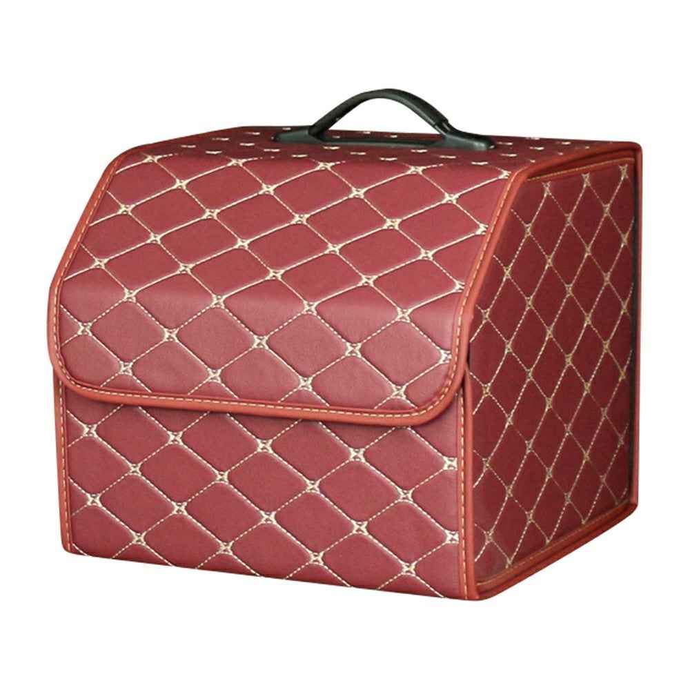 10006 Foldable Car Trunk Organizer Container Leather Storage Box, Small Size - Wine Red+Beige Line