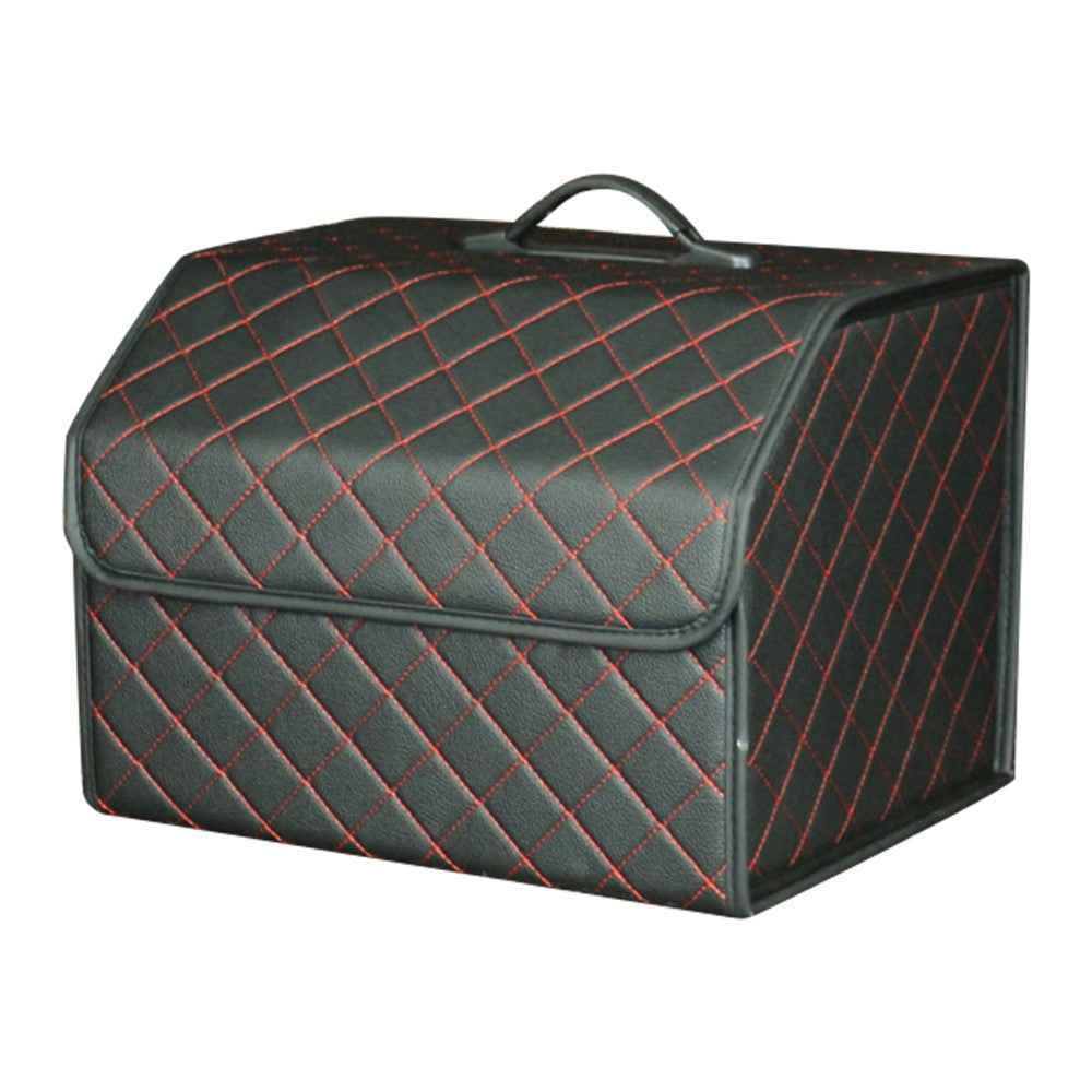 10006 Car Trunk Stuff Organizing Container Foldable Leather Storage Box, Medium Size - Grid / Black+Red Line