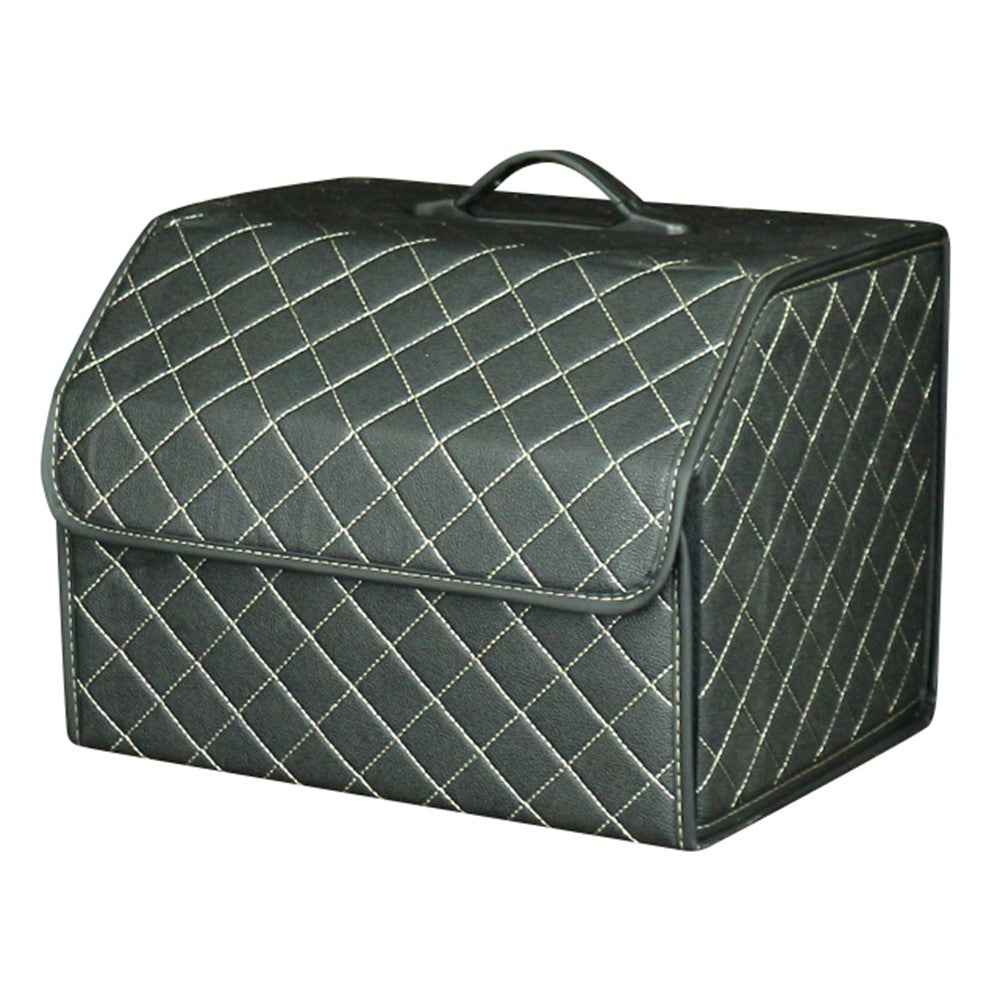 10006 Car Trunk Stuff Organizing Container Foldable Leather Storage Box, Medium Size - Grid / Black+Beige Line