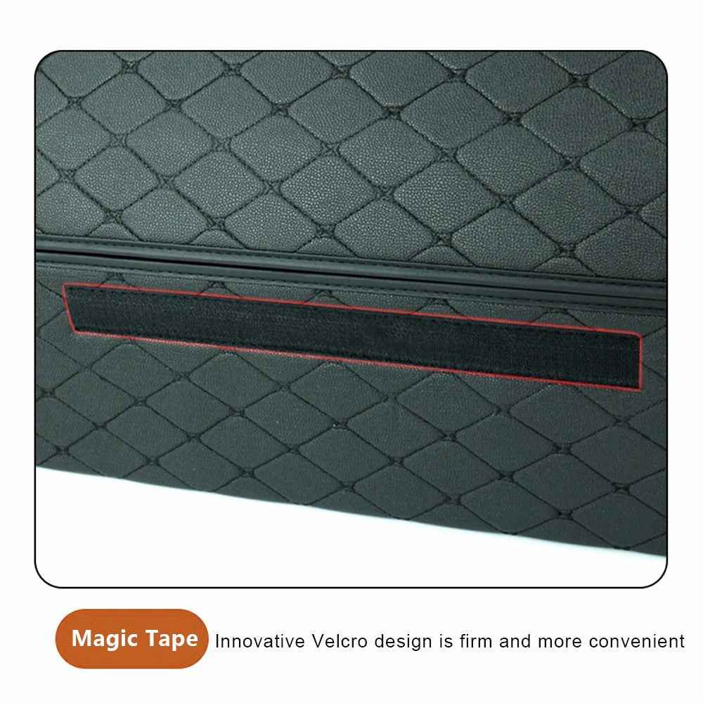 10006 Car Trunk Stuff Organizing Container Foldable Leather Storage Box, Medium Size - Grid / Black+Beige Line