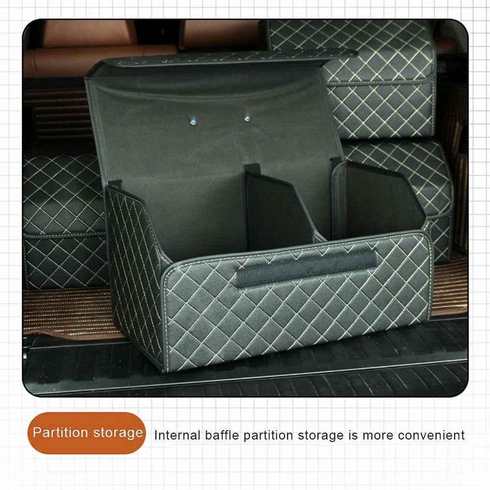 10006 Car Trunk Stuff Organizing Container Foldable Leather Storage Box, Medium Size - Black+Blue Line