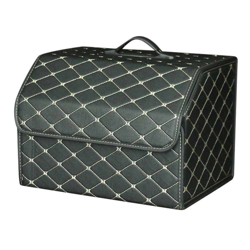 10006 Car Trunk Stuff Organizing Container Foldable Leather Storage Box, Medium Size - Black+Beige Line
