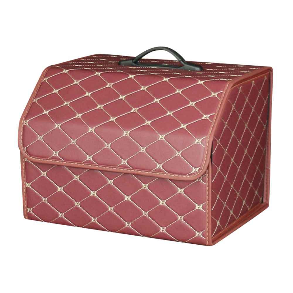 10006 Car Trunk Stuff Organizing Container Foldable Leather Storage Box, Medium Size - Wine Red+Beige Line