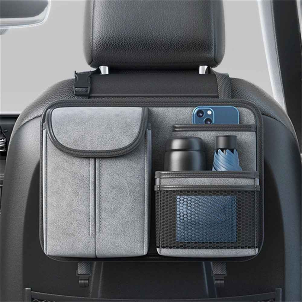 Sheepskin Leather Car Seat Back Organizer Tissue Holder Multi-function Storage Bag - Grey