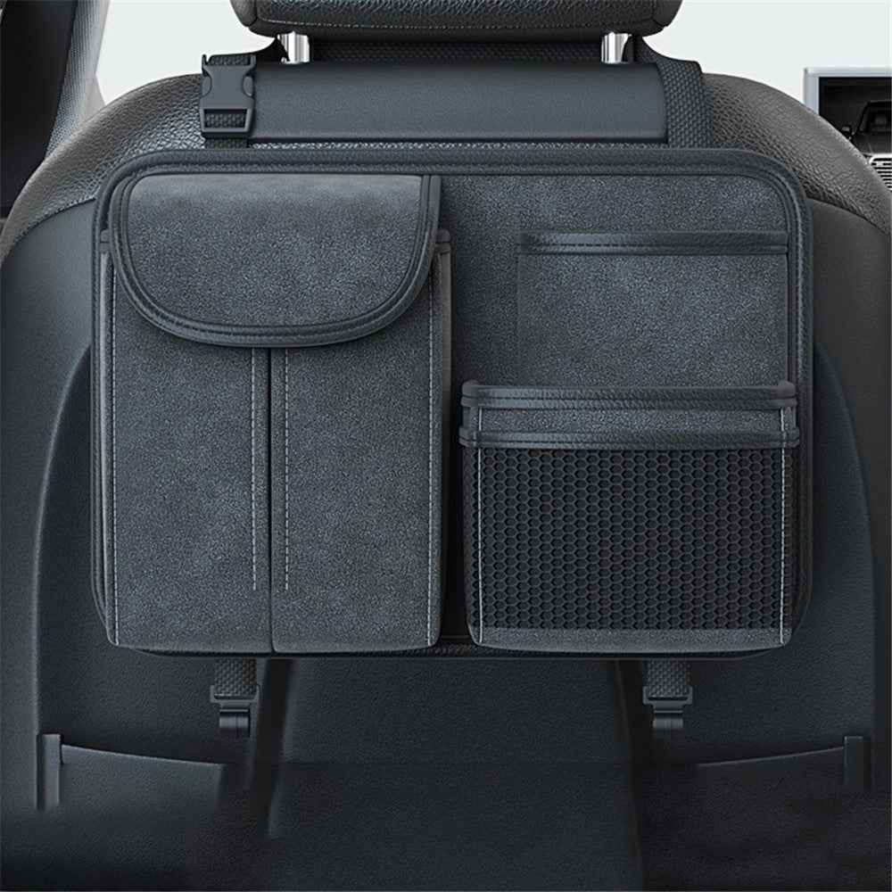 Sheepskin Leather Car Seat Back Organizer Tissue Holder Multi-function Storage Bag - Black