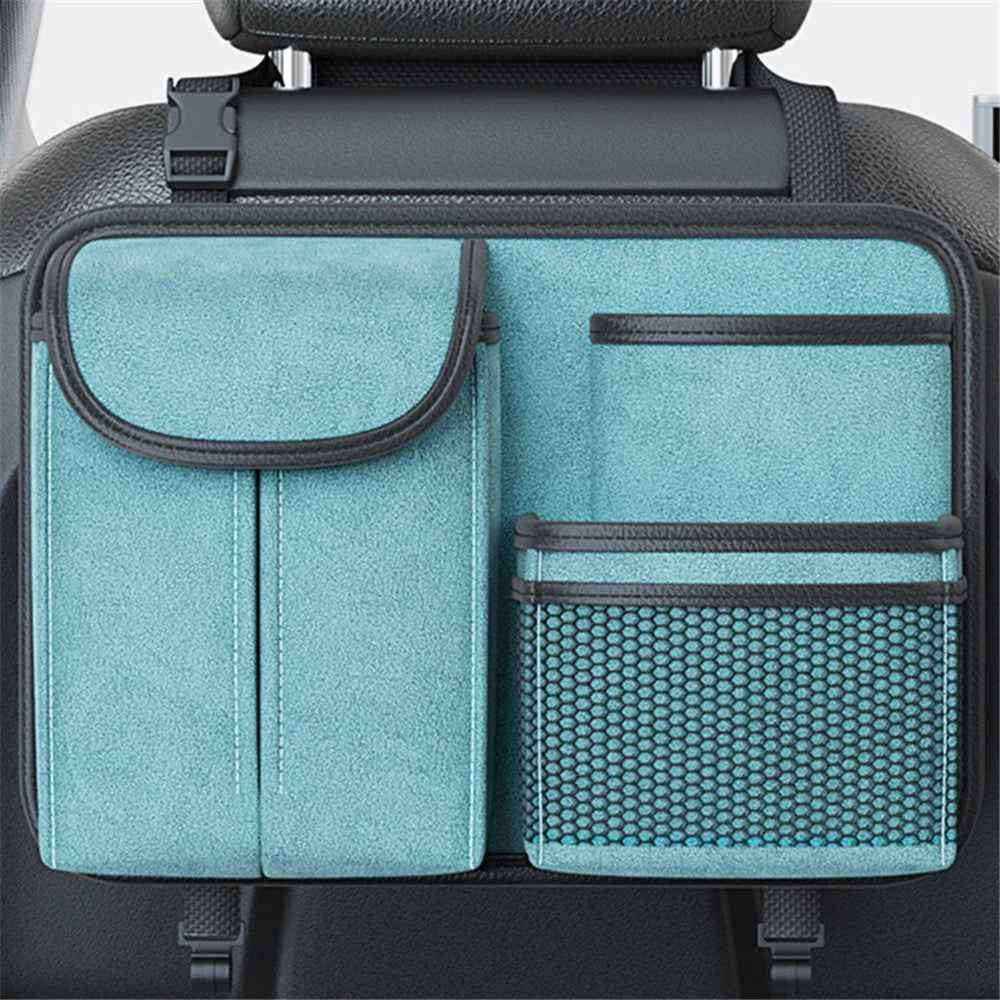 Sheepskin Leather Car Seat Back Organizer Tissue Holder Multi-function Storage Bag - Cyan