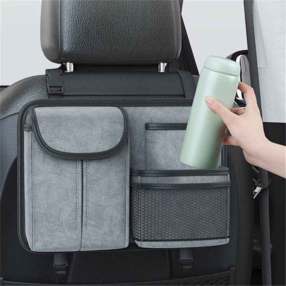 Sheepskin Leather Car Seat Back Organizer Tissue Holder Multi-function Storage Bag - Cyan