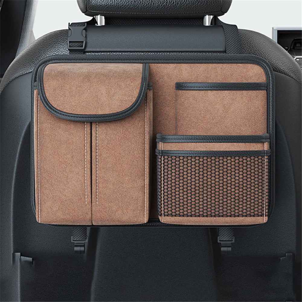 Sheepskin Leather Car Seat Back Organizer Tissue Holder Multi-function Storage Bag - Brown