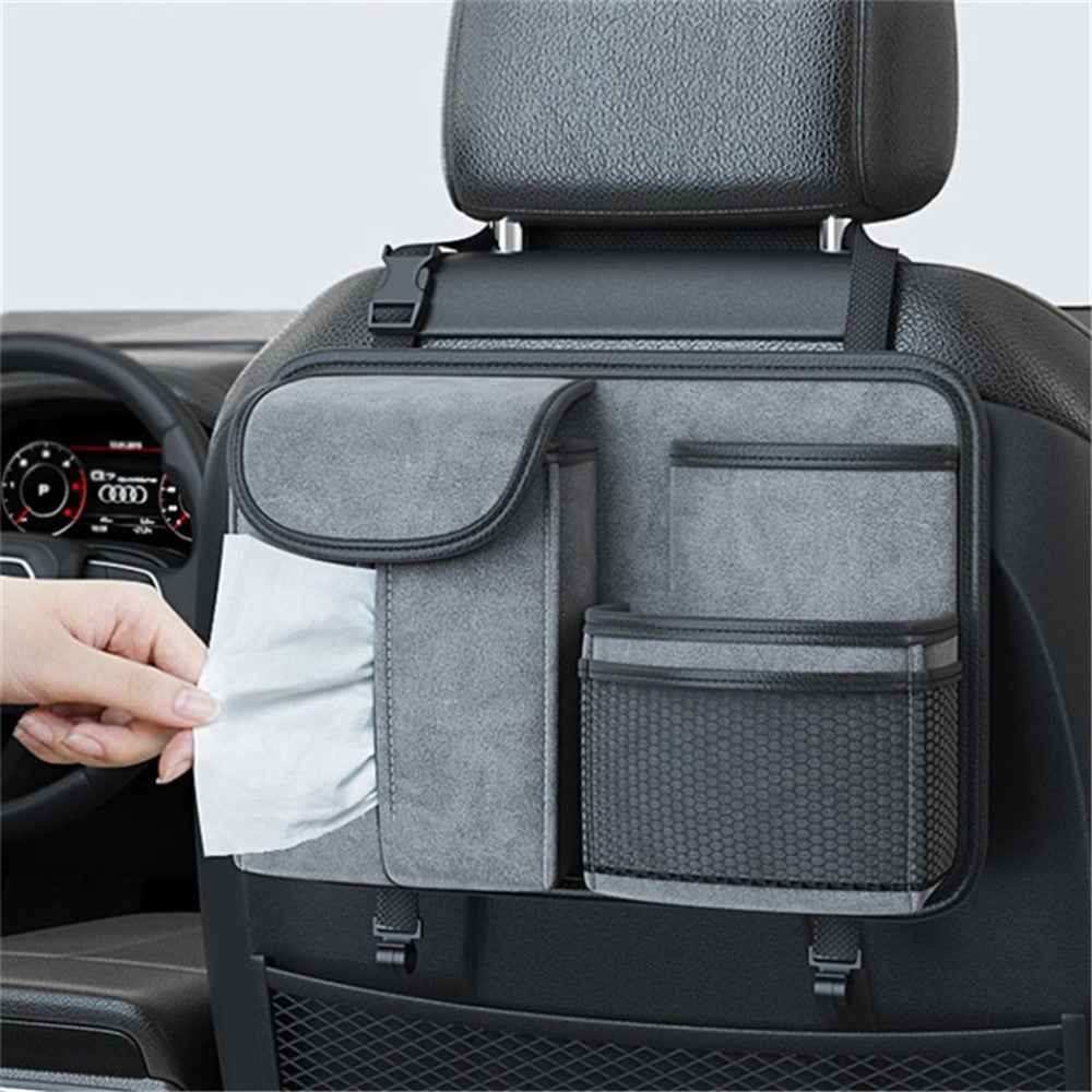 Sheepskin Leather Car Seat Back Organizer Tissue Holder Multi-function Storage Bag - Brown