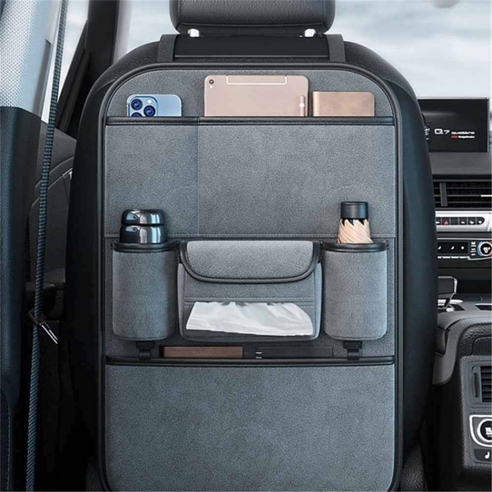 Car Seat Back Storage Bag Sheepskin Leather Hanging Organizer Tissue Holder - Black