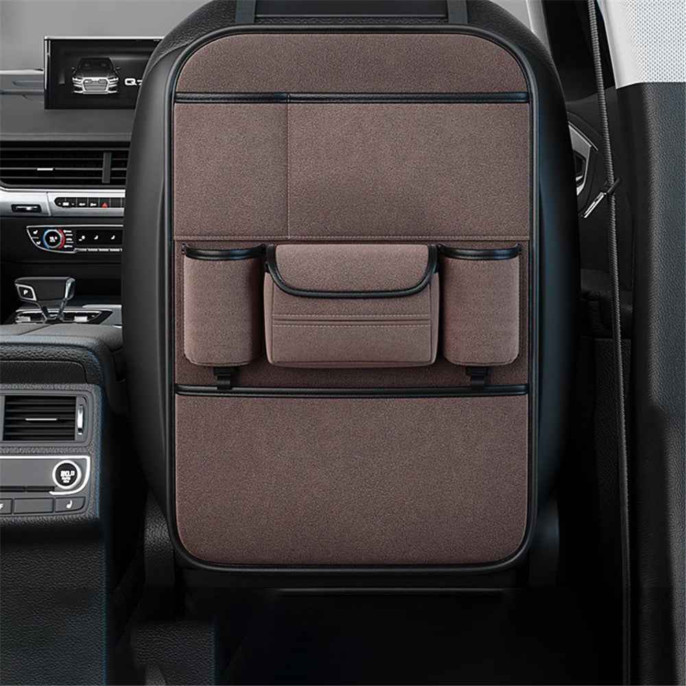Car Seat Back Storage Bag Sheepskin Leather Hanging Organizer Tissue Holder - Brown