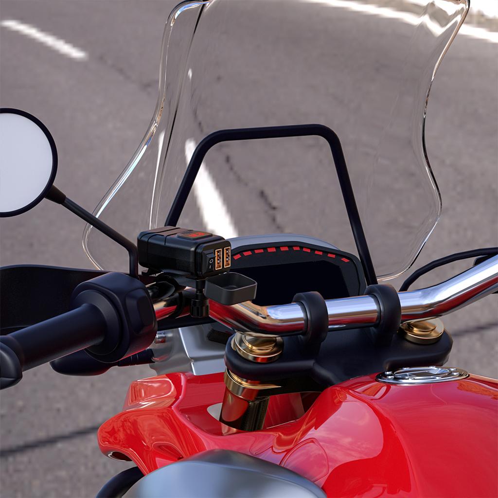 Motorcycle Handlebar Dual USB Charger Adapter w/Voltmeter On/Off Switch Red 