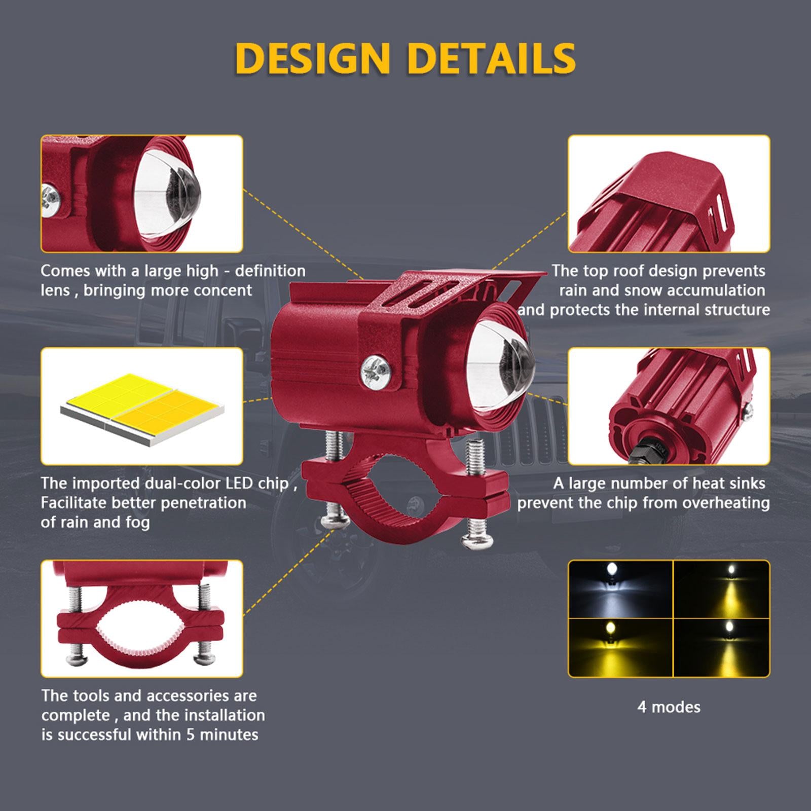 2x Motorcycle Auxiliary Driving Lights Spotlight for ATV Car Truck  Red