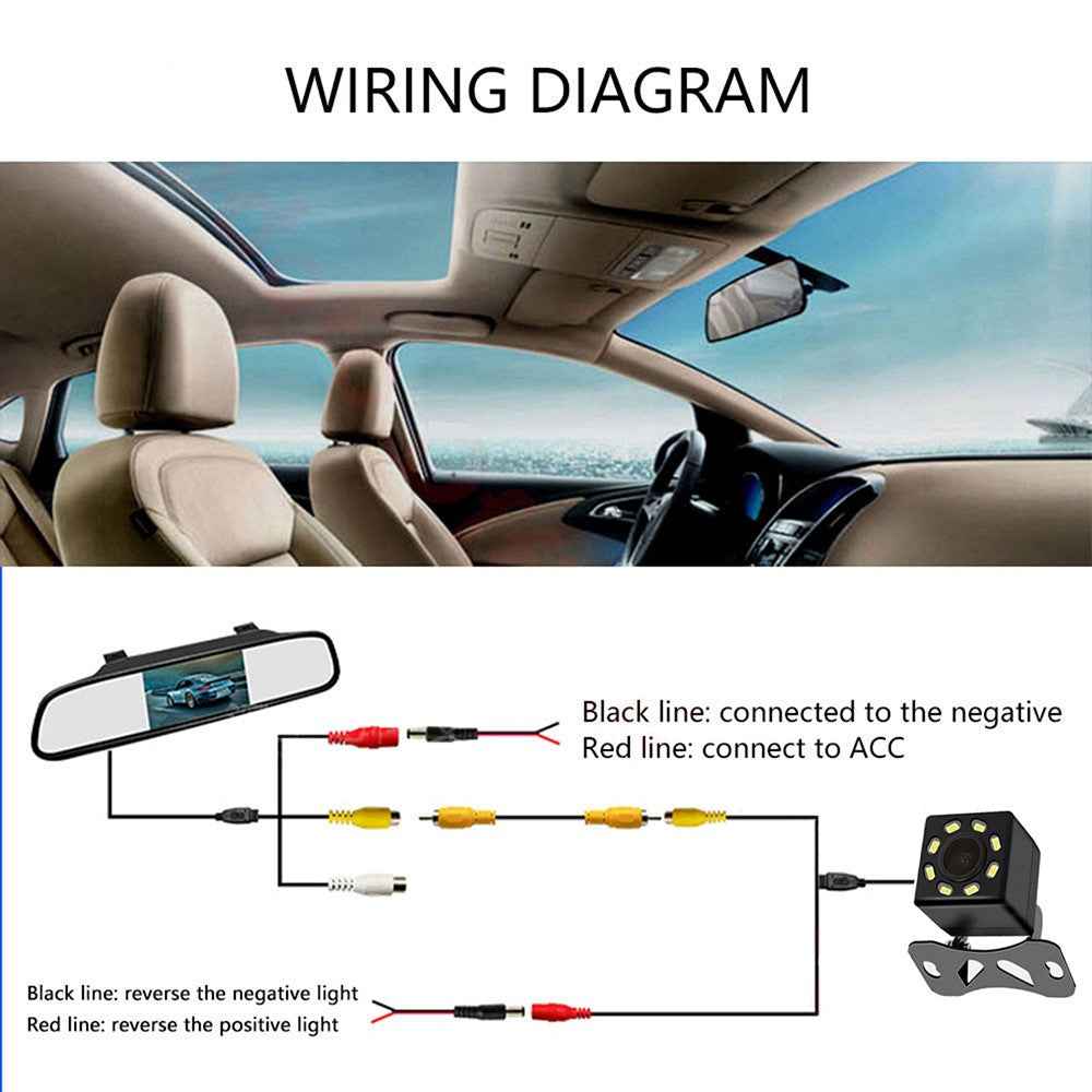 RG-204 4.3'' Car Rearview Mirror Display Screen Safety Parking Rear View Mirror with 8-LED Camera