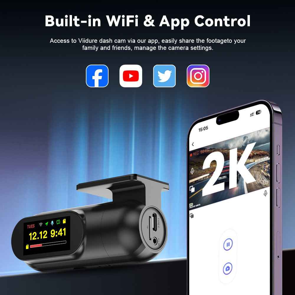 2K WiFi Dash Cam Wide Angle HD Night Vision Car DVR Recorder Support Loop Recording